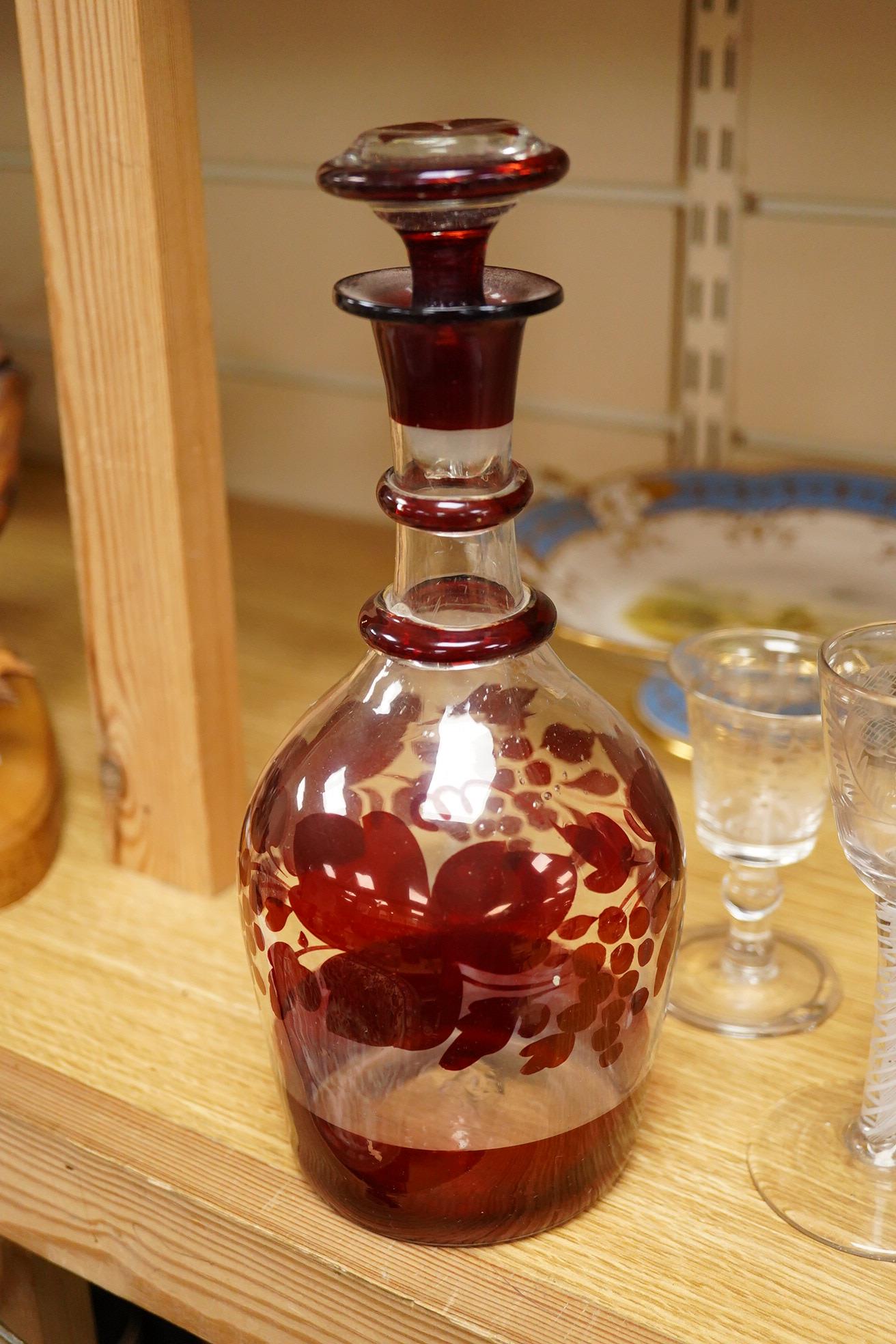 Assorted wine glasses, celery vase, overlaid decanter - 24cm high and a Victorian bone china comport.